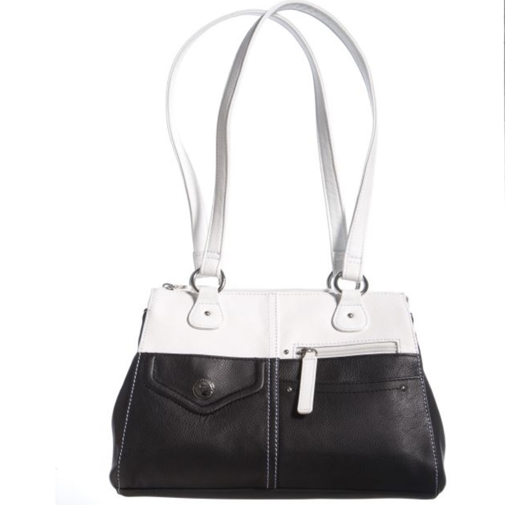 STONE MOUNTAIN Authentic Leather Black & White Bluebell Satchel/Handbag/Purse